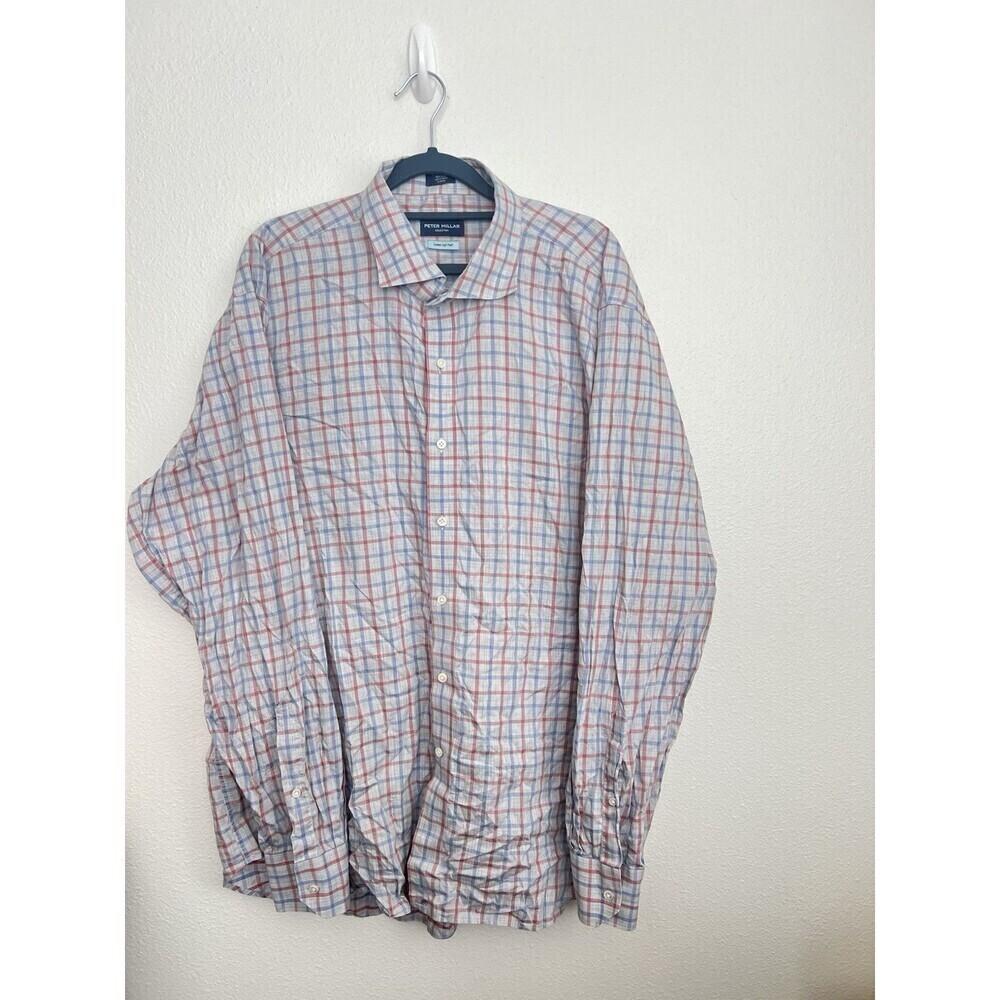 Peter Millar Collection Summer Soft Twill Plaid Button-Up Shirt XXL Red Blue
